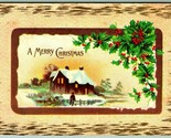 Holly Framed Cabin Scene Faux Woodgrain Merry Christmas Textured DB Post... - $6.82