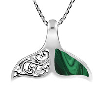 Elegant Sterling Silver Whale Tail with Green Malachite Inlay Necklace - £16.02 GBP