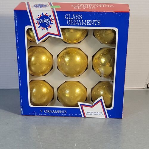 9 Vintage 1.65" Glass Ball Christmas Ornaments Coby Blue box Shiny Mirror Gold  - $12.43