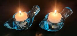2 Art Glass Blown Blue Bird Votive candle Holder Turquoise Spring Easter... - $15.85