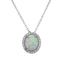 Sterling Silver White Inlay Opal Oval with CZ Border Pendant - £21.32 GBP