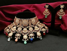 Bollywood Indian Gold Plated Jewelry Kundan Choker Necklace Earrings Set - £227.01 GBP