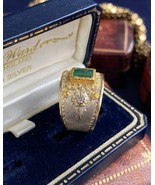 Vintage 18k Gold &amp; Silver Ring w/ Emerald, Floral Engraving, Handmade - $3,388.95 CAD