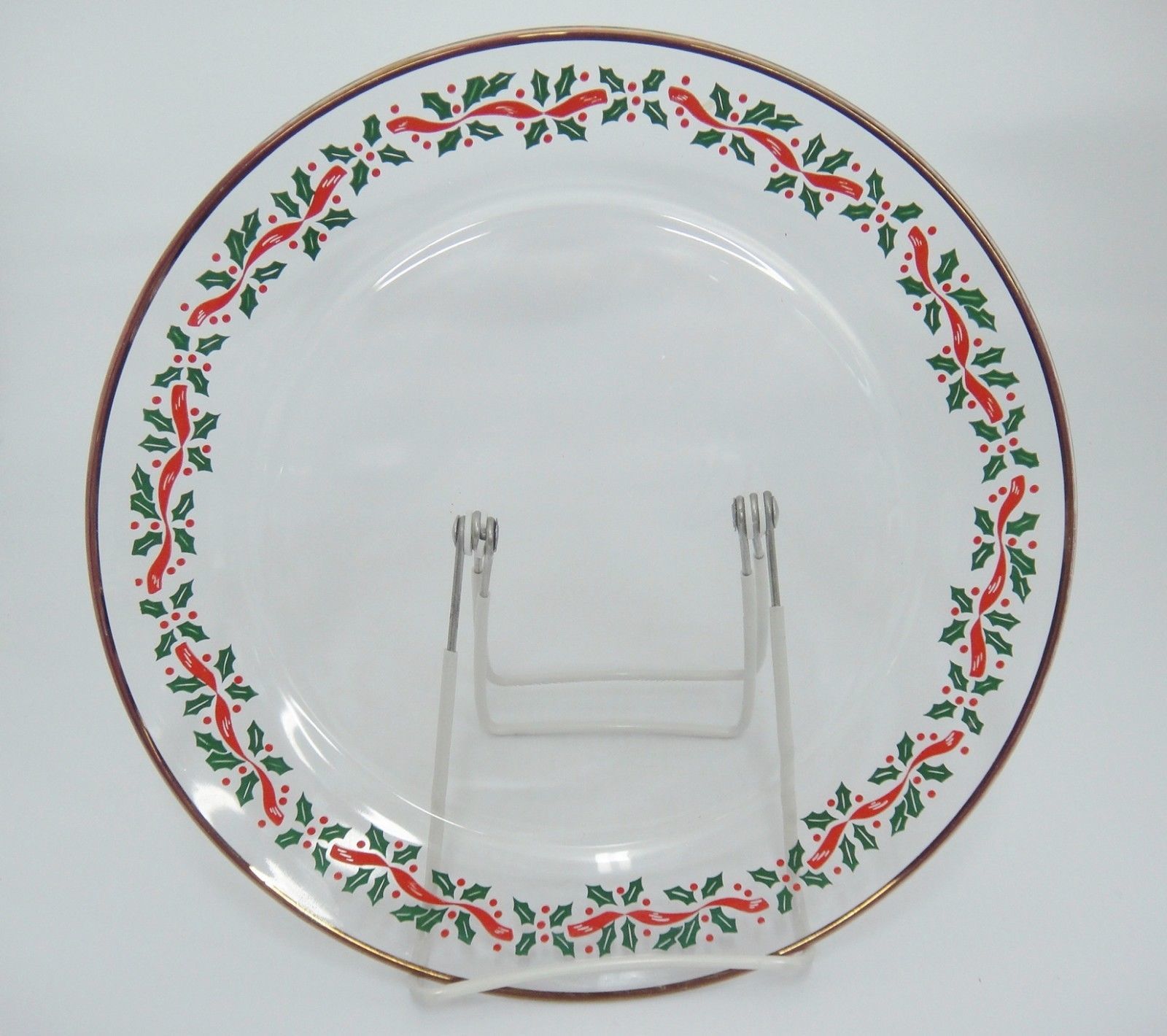 Arcoroc Christmas Clear Glass Dinner Plate Holly Ribbon Border Gilded Edge 10" - $8.90