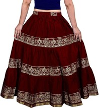 Handmade Rajasthani Ethnic Flare Women Skirt Gold Elastic Waist Maroon Free Size - £17.49 GBP