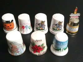 Vintage Lot of 8 Holiday Themed Sewing Thimbles Ceramic Porcelain Hallow... - $14.99