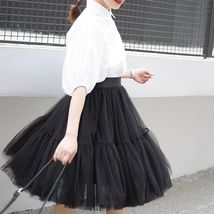 BLACK A-line Fluffy Tulle Midi Skirt Women Custom Plus Size Black Skirt Outfit image 4