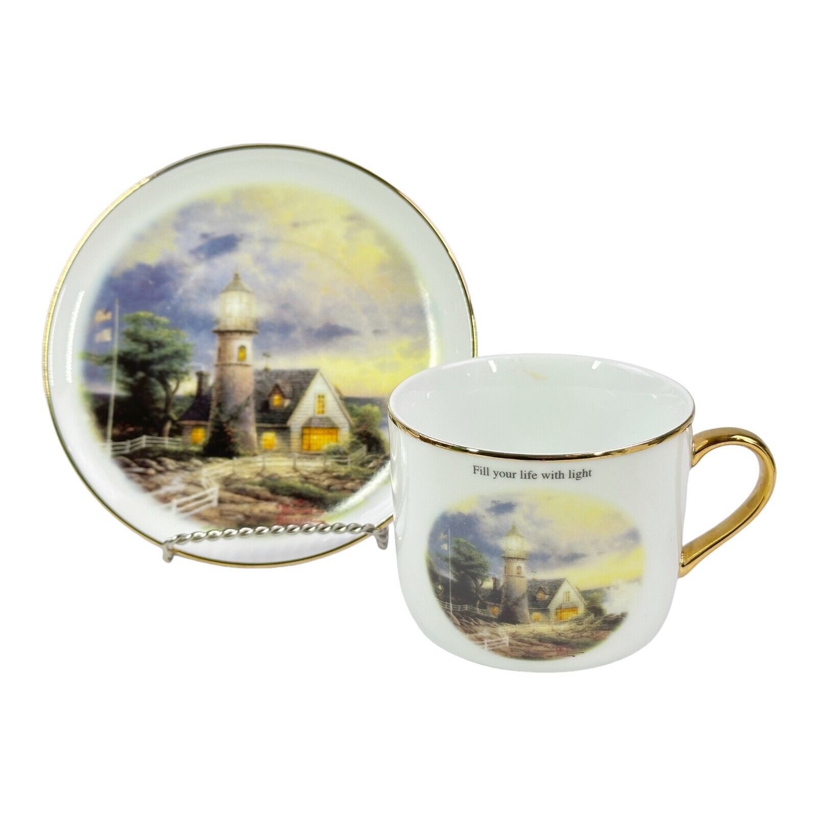 Primary image for Thomas Kinkade A Light In The Storm Cup Saucer Set Teleflora Porcelain 2003 EUC