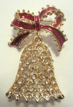 Christmas Bell Brooch Pin Red Enamel Ribbon Crystal Rhinestones Swings Vintage - £14.19 GBP