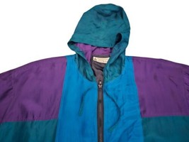 Vintage 90s Colorblock 100% Silk  Hooded Windbreaker Jacket Sz Large  - £18.94 GBP