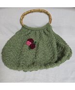 Vintage Cottagecore Green Crochet Handbag w/ Bamboo Handles &amp; Floral Detail - $36.35