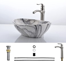 Oval Black White Marble Coated Porcelain Ceramic Vessel Vanity Sink Art Basin - £144.63 GBP