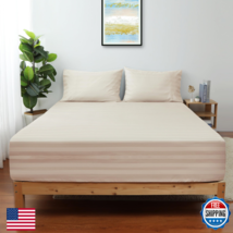 Twin Size Striped Fitted Sheet Beige 100% Egyptian Cotton 600TC Deep Pocket - $39.21