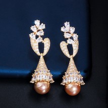 Llow gold color long pearl drop earrings for women trendy cubic zirconia bridal wedding thumb200