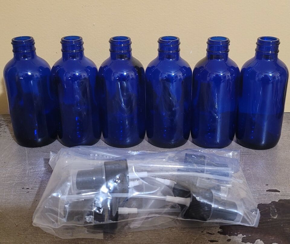 Primary image for 6- 4 oz. Cobalt Blue Boston Round GLASS Spray Bottle with Black sprayers