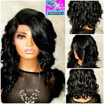 Heather&quot; Black Synthetic 4.5 Deep Lace Front Wig, wavy bob wig, side bangs, Heat - £63.69 GBP