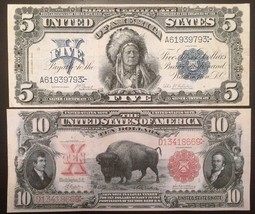 Reproduction Pair $5 Silver Certificate Indian Chief 1899 $10 US Note Bison 1901 - £5.48 GBP