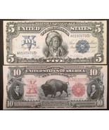 Reproduction Pair $5 Silver Certificate Indian Chief 1899 $10 US Note Bi... - £5.47 GBP