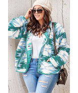 Green Geometric Aztec Pattern Plus Size Fleece Jacket - $26.59