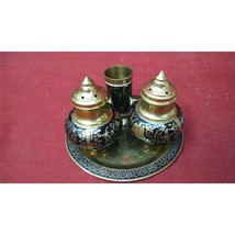 Vintage Brass Enamel India Salt and Pepper Shakers w/ Tray &amp; Toothpick H... - £23.67 GBP