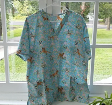 Disney Bambi Thumper Nursing Scrub Top Shirt Womens Size Large Flower Blue - £15.72 GBP