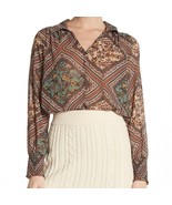 Pleione brown mint patchwork sheer v-neck smock sleeve top extra small M... - £11.74 GBP