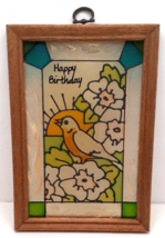 Stained Glass Window Panel Wooden Frame 10x7 Bird Flowers Happy Birthday Vintage - £34.07 GBP