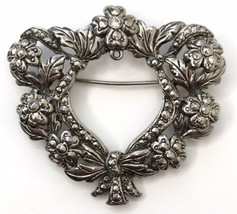 Vintage Open Heart Brooch Pin Silver Tone &amp; Rhinestone  2&quot; x 1.75&quot;  Ornate - $11.00
