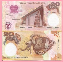 Papua New Guinea P36a, 20 Kina, 35th Anniv, Parliment, boar, conches UNC... - £1.65 GBP