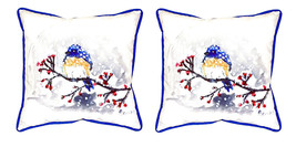 Pair of Betsy Drake Blue Bird &amp; Snow Large Indoor Outdoor Pillows 18 In. X 18 In - £71.05 GBP