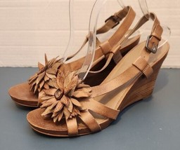 Ecco Kalac Strap Platform Wedge Sandals Womens 40 Tan Floral Leather Ope... - £31.56 GBP