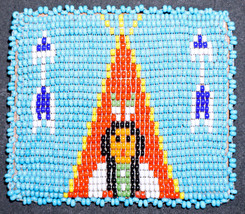 Native American Glass Seed Bead &amp; Leather Coin Purse Indian in Teepee &amp; Arrows - £23.97 GBP