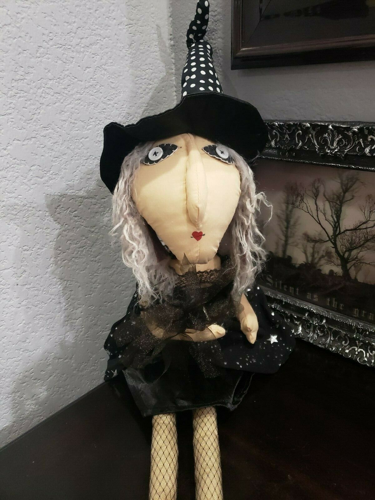 Primary image for Halloween Primitive Folk Art Witch Doll Shelf Sitter Cloth Doll Gray Hair 35"