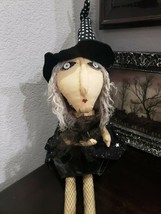 Halloween Primitive Folk Art Witch Doll Shelf Sitter Cloth Doll Gray Hair 35&quot; - £45.09 GBP