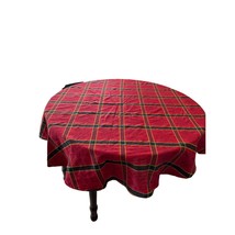Vintage Christmas Poinsettia Plaid Red and Green Gold Round 62&quot; Tablecloth - £20.47 GBP