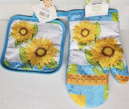 Printed Set of 2: Pot Holder &amp; Oven Mitt (11&quot;) SUNFLOWERS with blue back, SH - £7.90 GBP