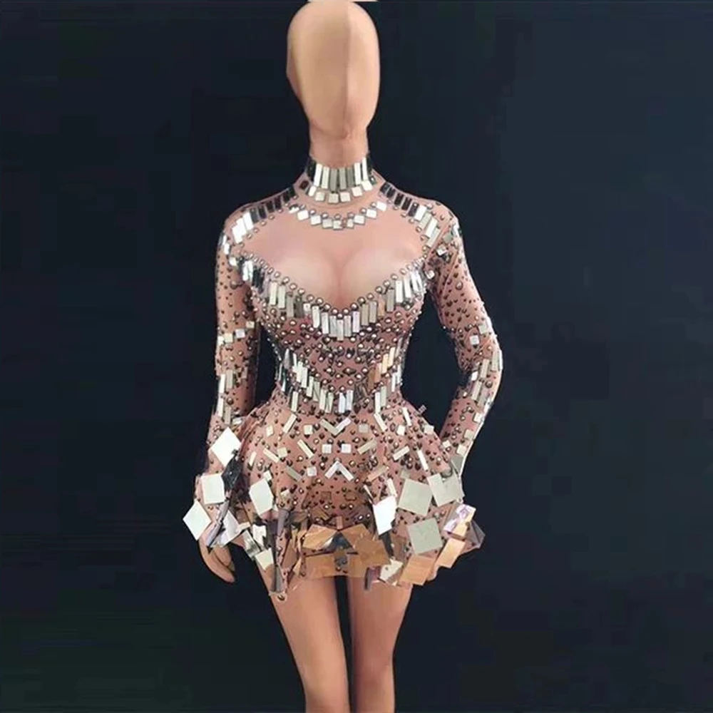 Black color Singer mirror dress stage dance wears Sparkly Silver Sequins Bodysui - £114.60 GBP