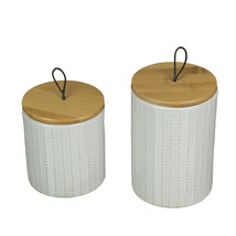 Set of 2 White Ceramic Jars With Wood Lids Decorative Kitchen Counter Canisters - £37.84 GBP