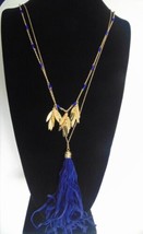 Department Store  32.5 “ w 3” ext. Gold Tone Blue Bead Tassel Necklace D102 - £9.96 GBP