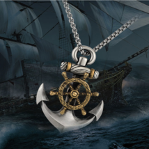 Men&#39;s Stainless-Steel Necklace + Vintage Pirate Ship Rudder Anchor Pendant - £11.80 GBP