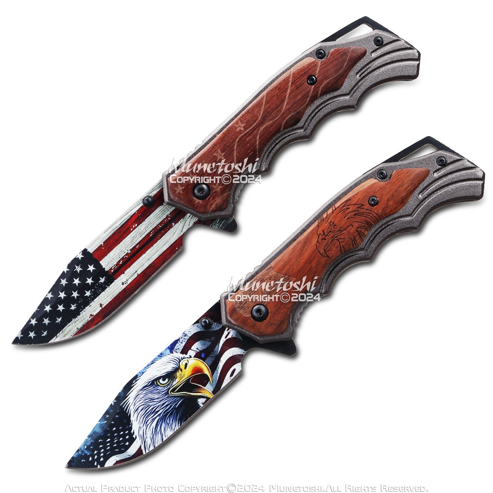 Spring Assisted USA Flag 3.25&quot; Blade Wooden American Flag Pocket Knife B... - $14.83