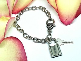 Padlock Key Charm Bracelet Heart Dangle Chain Love Devotion Faith Valentines - £10.56 GBP