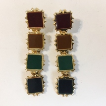 Square Drop Earrings 4 Color Enamel Tiers Gold Tone Metal Pierced Post Dangle - £22.38 GBP