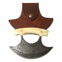 Bone Handle Ulu Knife Damascus RainDrop Blade w/ Genuine Quality Leather... - $1,289.51 MXN