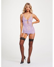 Lace &amp; Mesh Triangle Cup Chemise w/Garters &amp; Thong Lavender - $29.20+