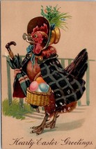 Easter Greetings Dressed Hen With Umbrella And Egg Basket Postcard N22 - £3.95 GBP