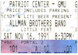 Allman Brothers Bande Concert Ticket Stub Novembre 16 1991 Fairfax Virginia - $41.51