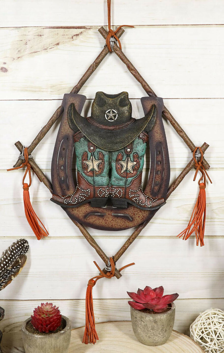 14&quot; Rustic Southwestern Dreamcatcher Lucky Horseshoe Cowboy Hat Boots Wa... - $27.99