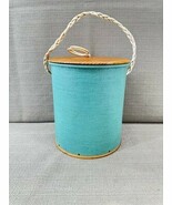 Vtg Yarn Holder Knitting Canister Green Fabric Wood Lid Handle Sewing St... - $38.69 CAD