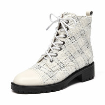 Women Ankle Boots Cow Leather Plaid Cloth Patchwork Round Toe Lace-up Design Sho - £171.38 GBP